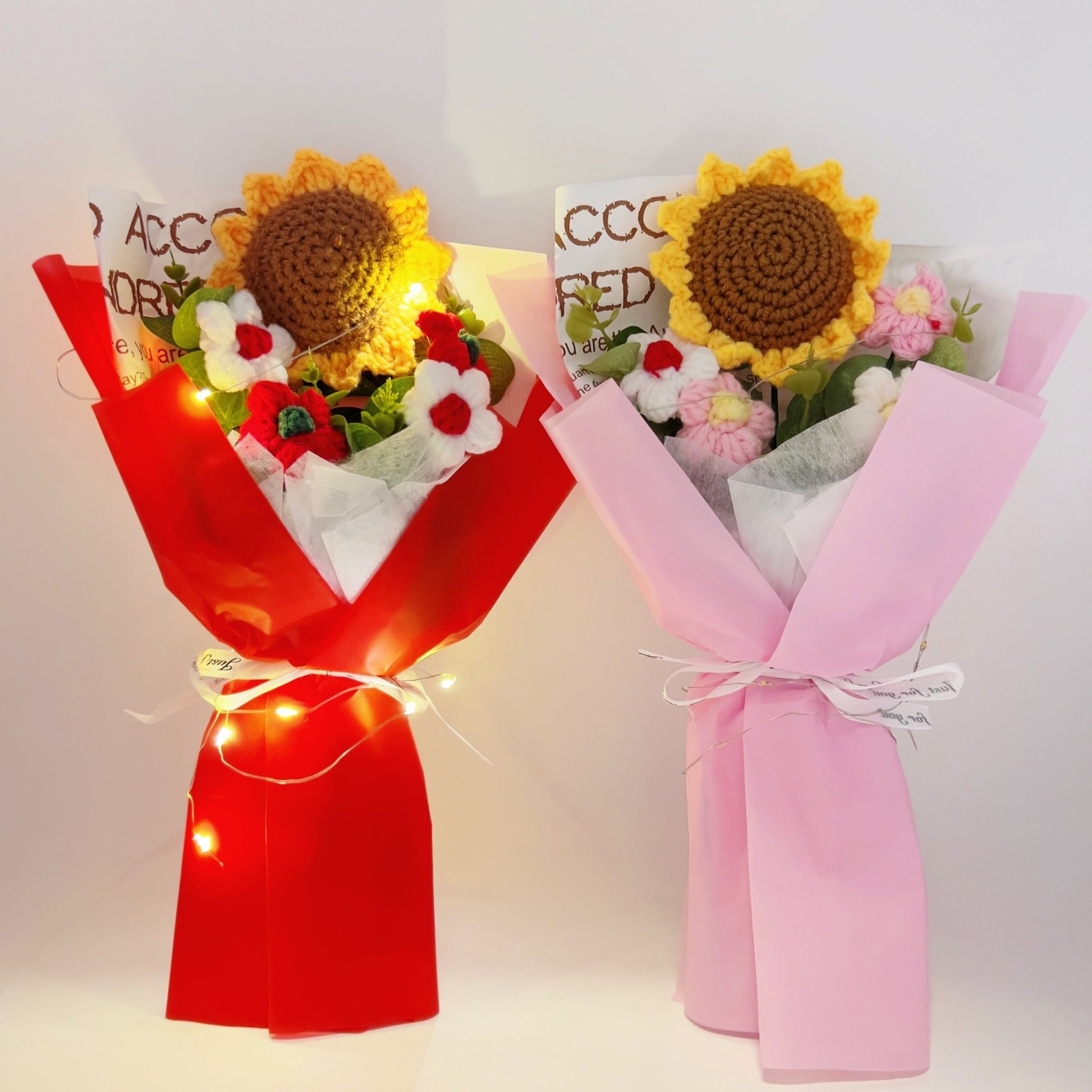 Crochet Flowers Bouquet Sunflower Exquisite Knitted Flower Wrap with Light Ready for Gift Home Decoration Ornaments