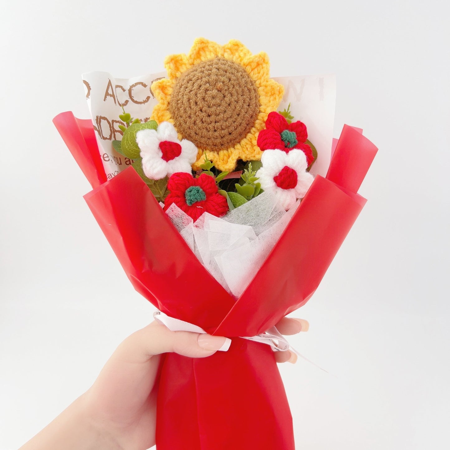 Crochet Flowers Bouquet Sunflower Exquisite Knitted Flower Wrap with Light Ready for Gift Home Decoration Ornaments