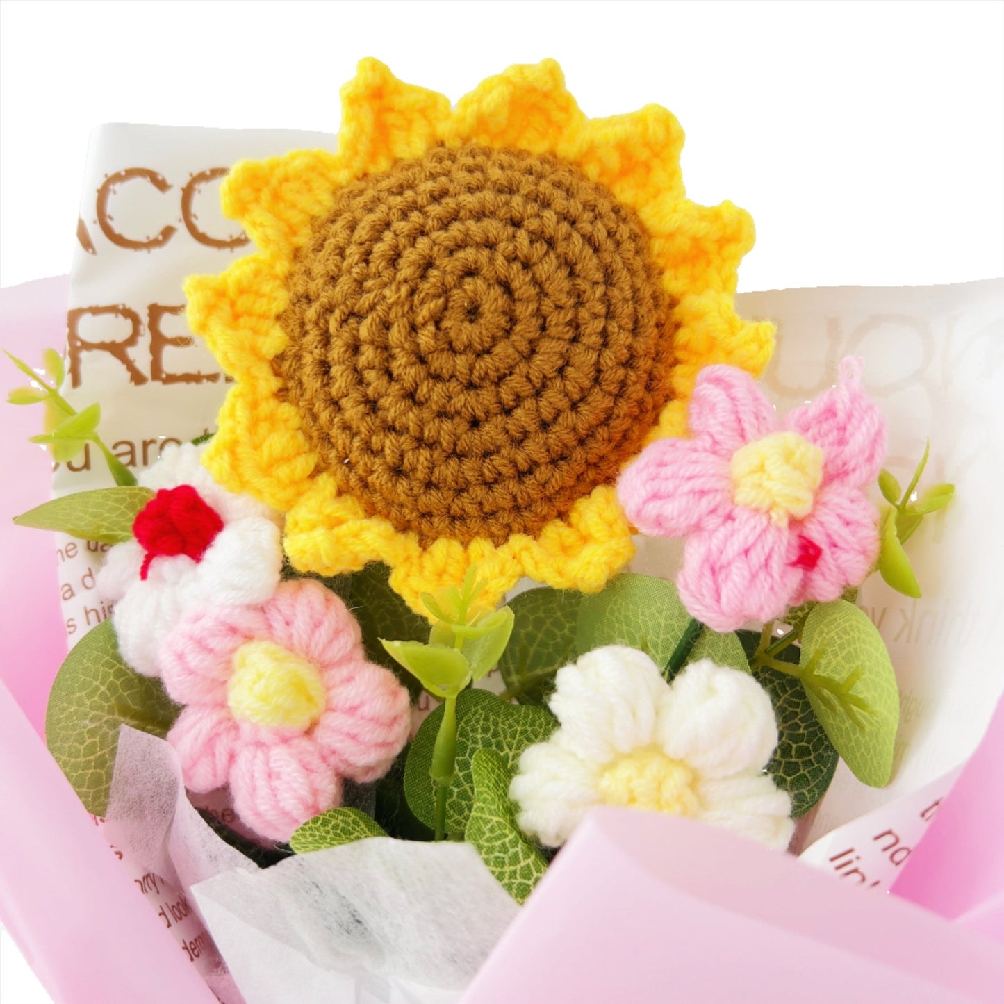 Crochet Flowers Bouquet Sunflower Exquisite Knitted Flower Wrap with Light Ready for Gift Home Decoration Ornaments