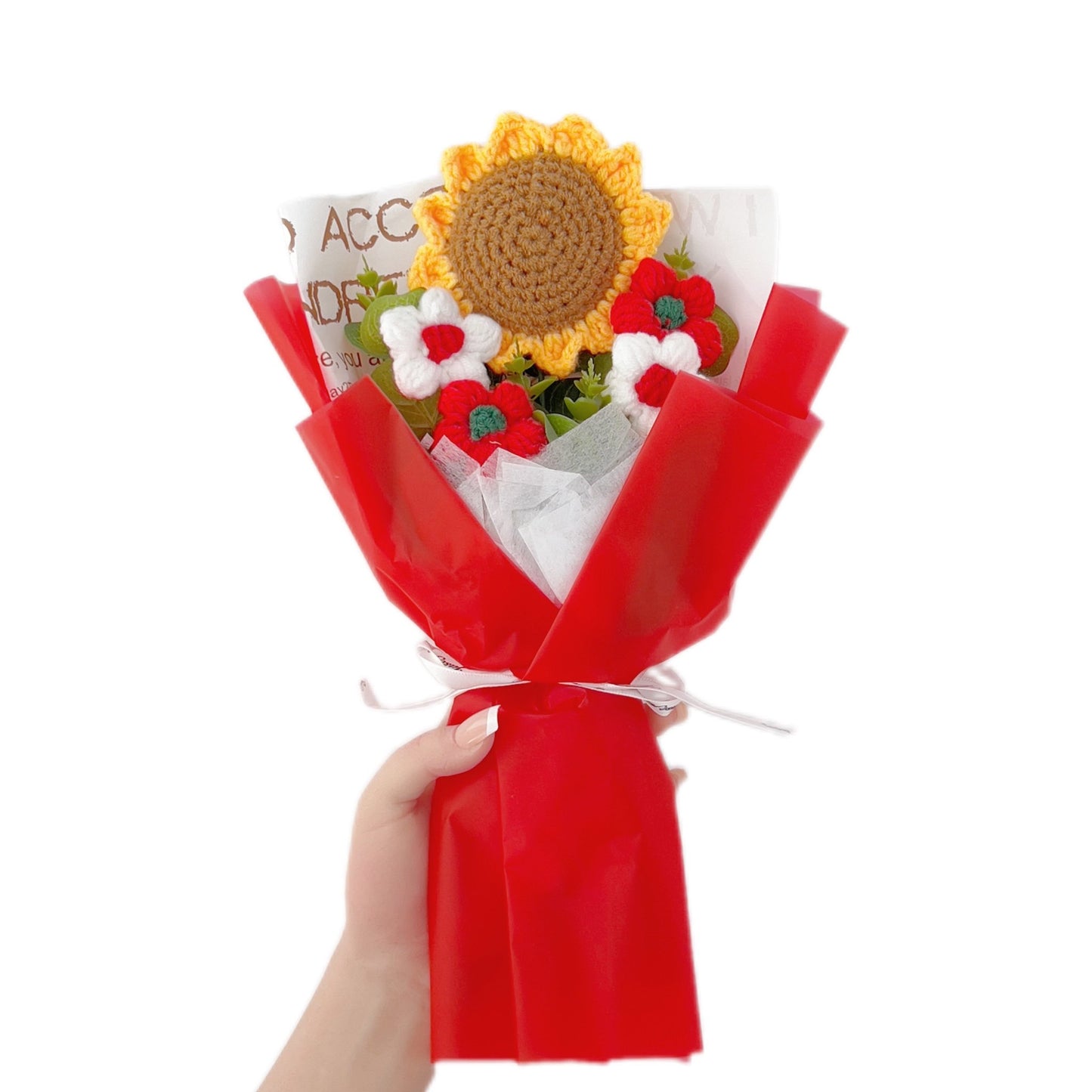 Crochet Flowers Bouquet Sunflower Exquisite Knitted Flower Wrap with Light Ready for Gift Home Decoration Ornaments