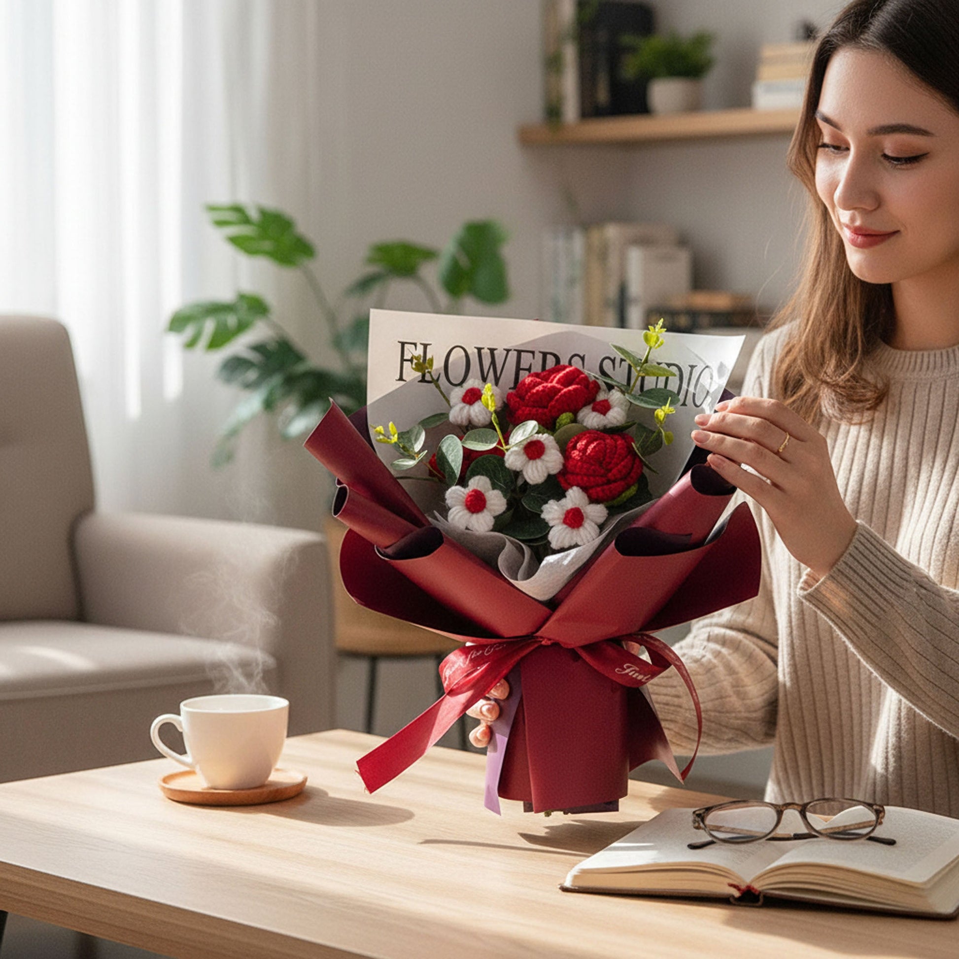 Crochet Rose Bouquet with Light Valentine’s Day Gift for Her