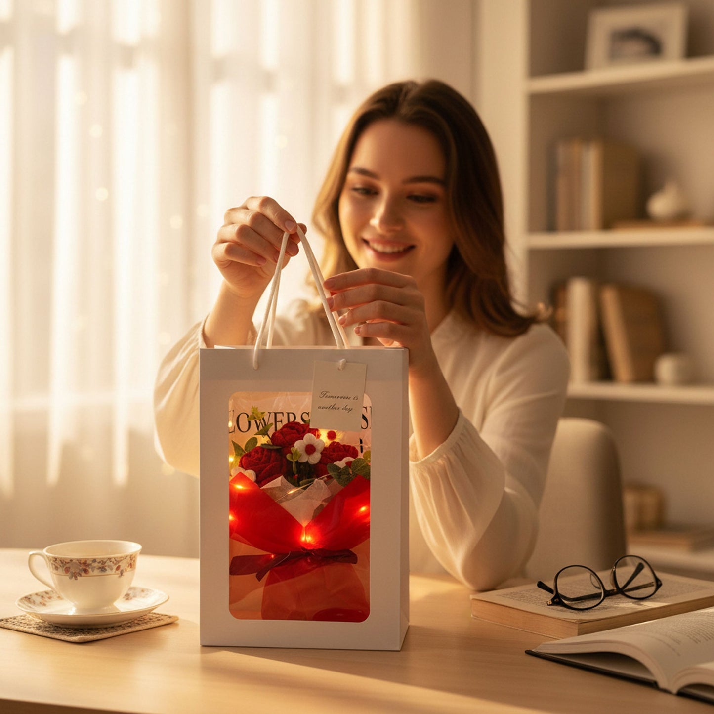 Crochet Rose Bouquet with Light Valentine’s Day Gift for Her