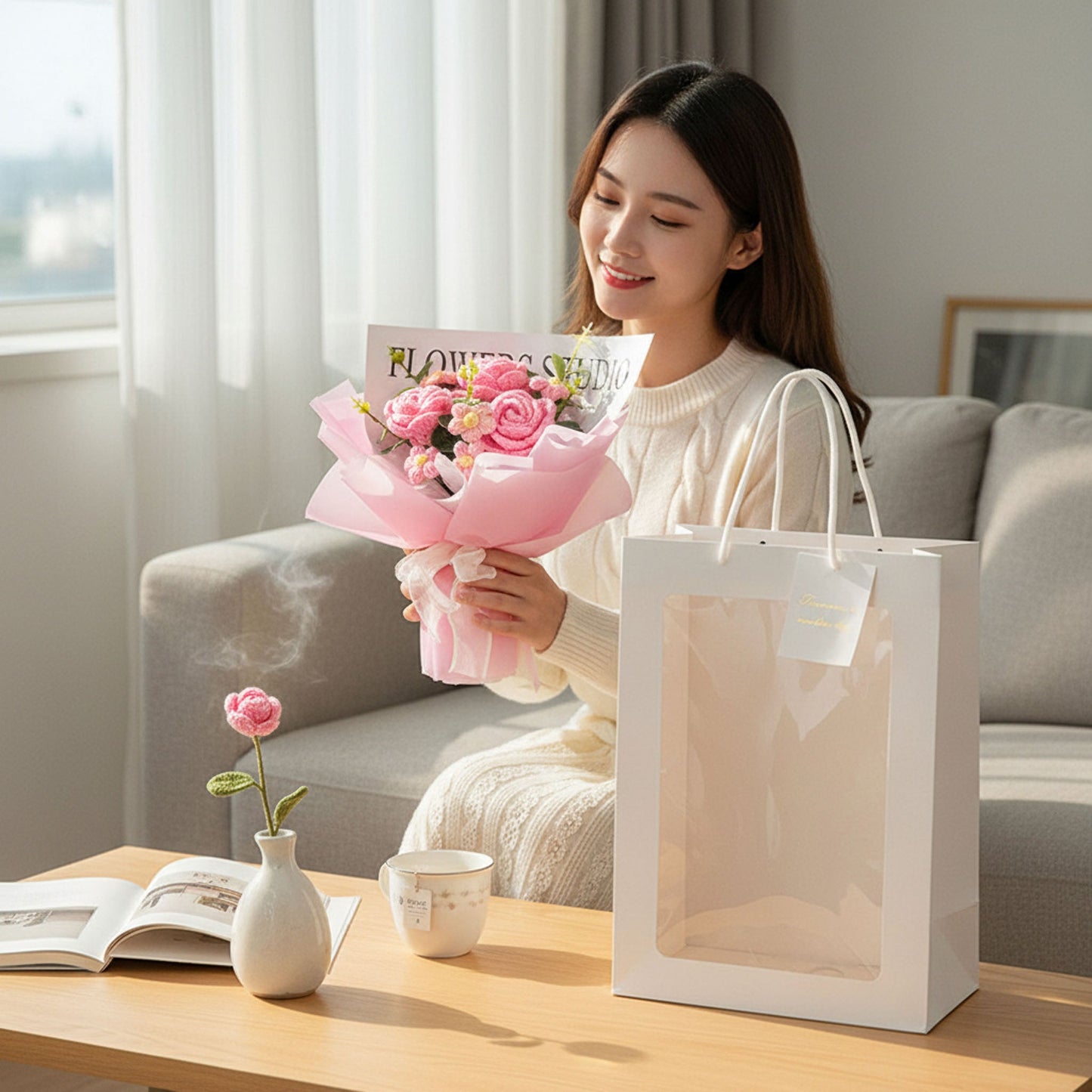 Crochet Rose Bouquet with Light Valentine’s Day Gift for Her