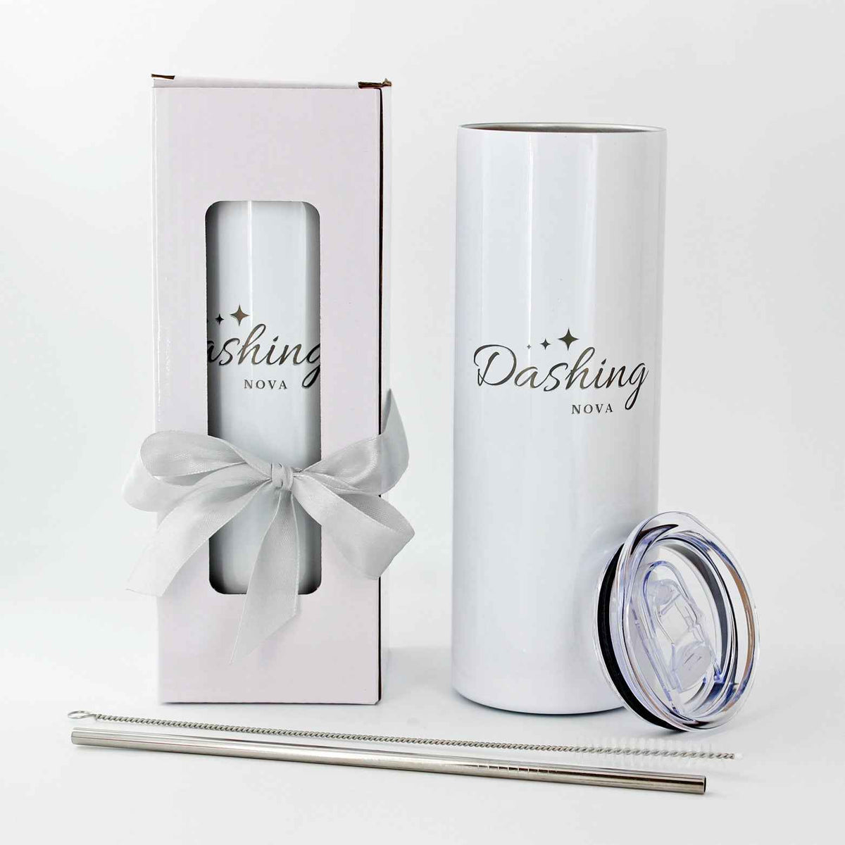 Custom Name 20 oz Skinny Tumbler – Engraved with Straw & Brush