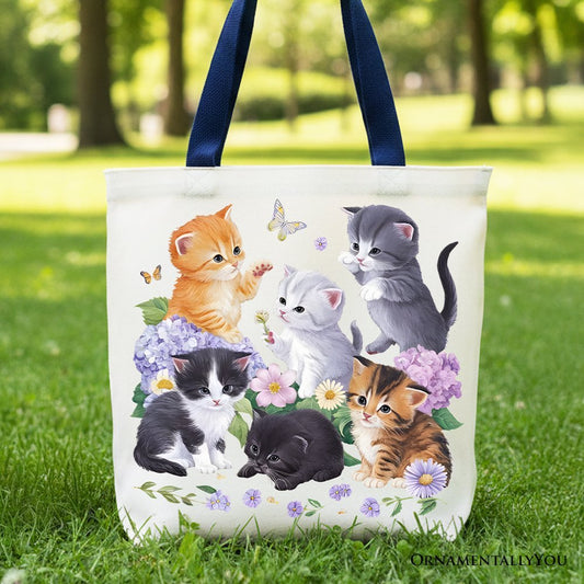 Cute Baby Cats Wildflower Tote Bag, Cottagecore Botanical Cat Gift Shopper