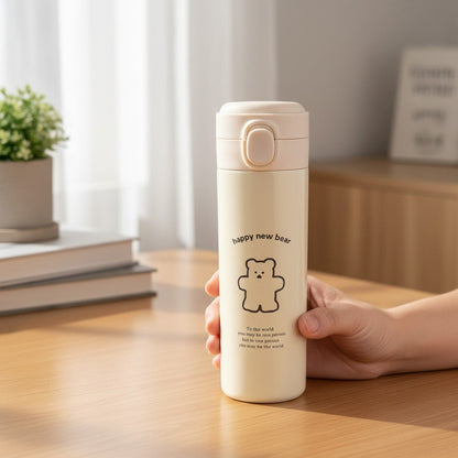 Cute Bear Travel Flask Vacuum Insulated Water Bottle Flip Top Lid