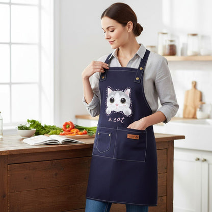 Cute Cat Apron – Durable Canvas Kitchen Apron with 3 Pockets