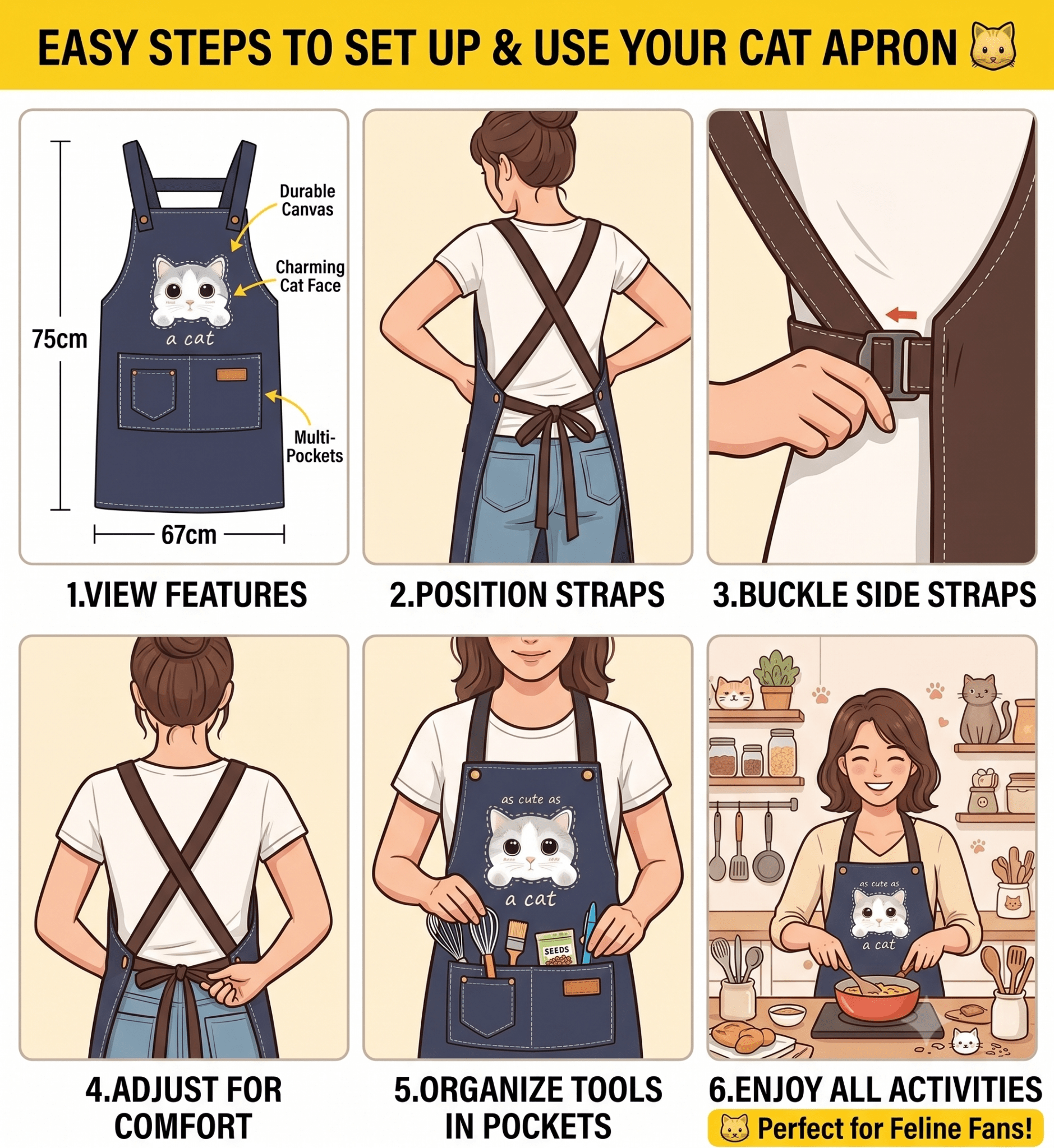 Cute Cat Apron – Durable Canvas Kitchen Apron with 3 Pockets