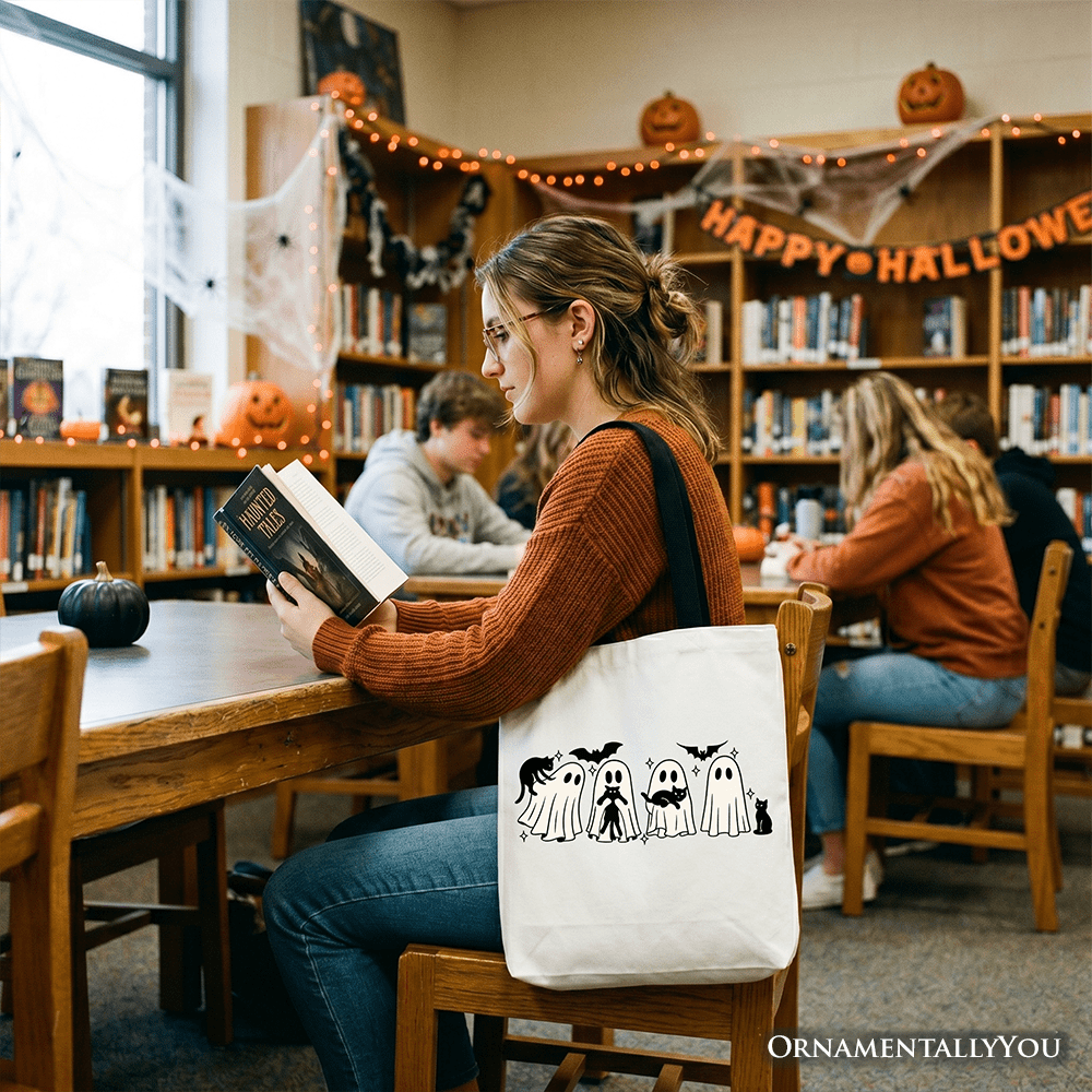 Cute Ghost Teacher Halloween Tote Bag, Retro Boo Spooky School Gift Shopper