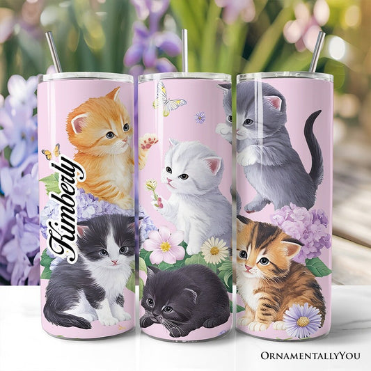 Cute Kittens Wildflower 20oz Personalized Tumbler With Lid and Stainless Steel Straw, Cottagecore Botanical Cat Gift Cup