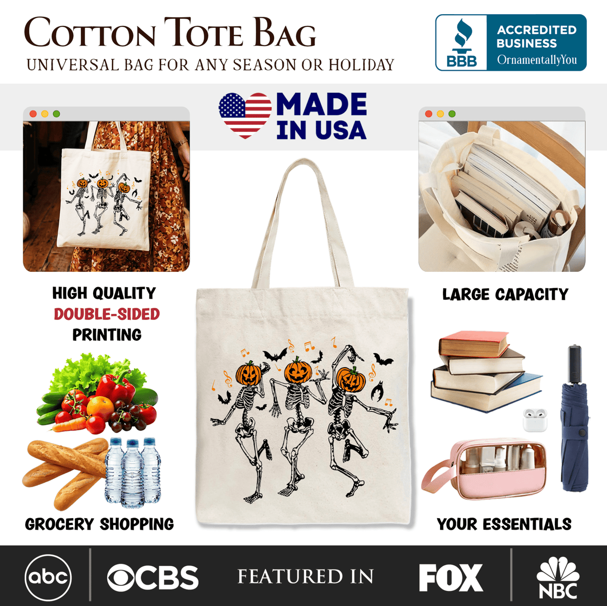 Dancing Skeletons with Pumpkin Head Tote Bag, Dry Bones Come Alive Halloween Fun Gift Shopper
