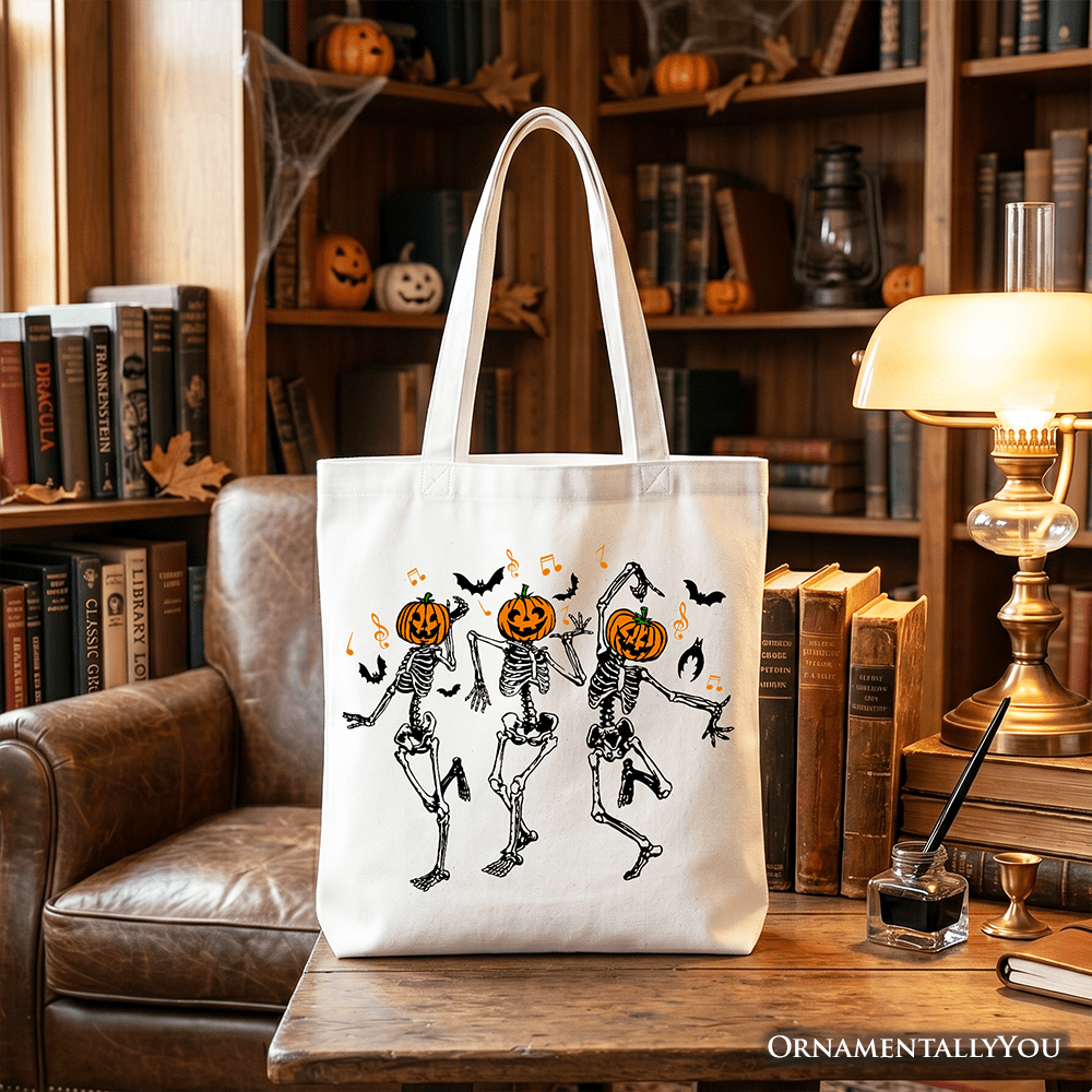 Dancing Skeletons with Pumpkin Head Tote Bag, Dry Bones Come Alive Halloween Fun Gift Shopper
