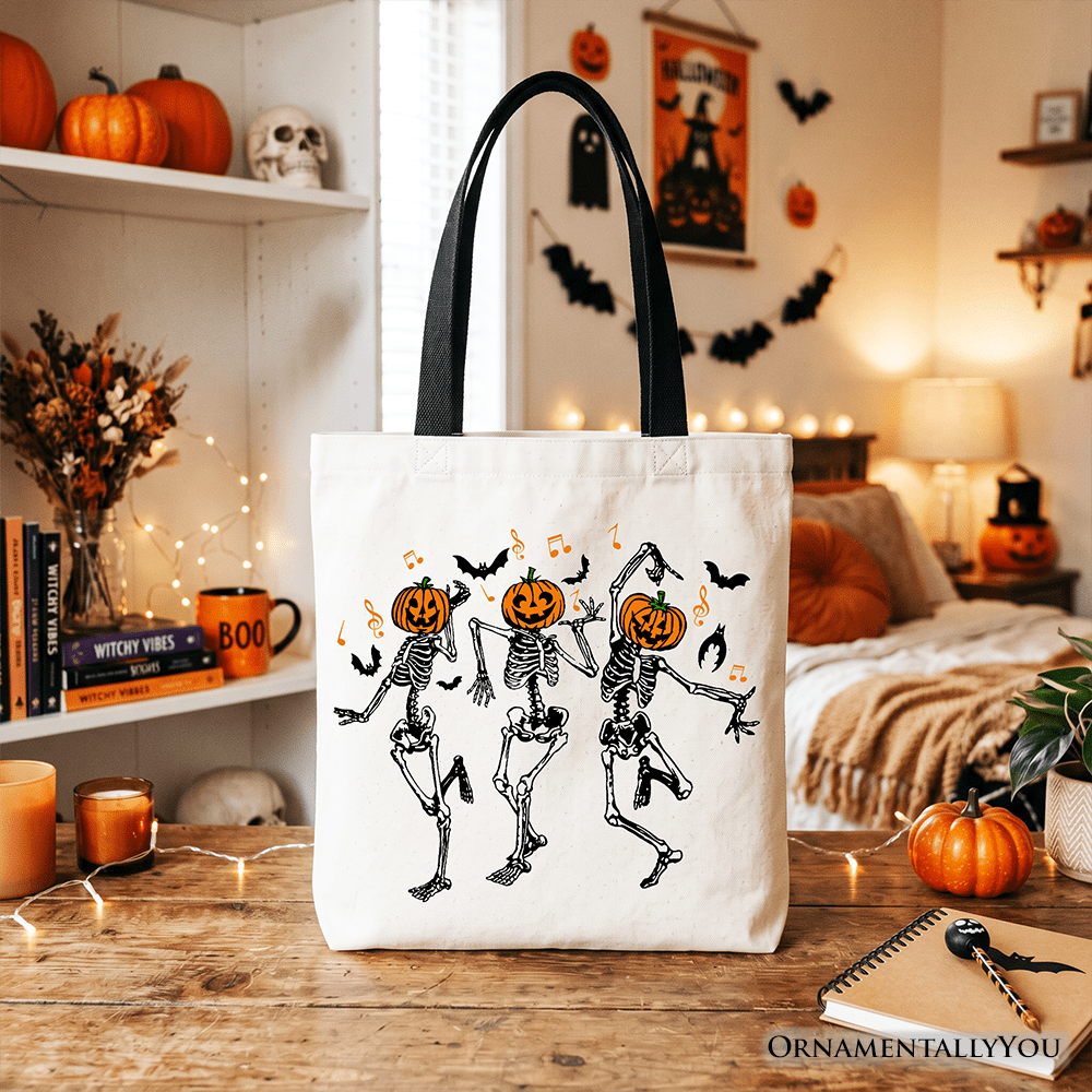 Dancing Skeletons with Pumpkin Head Tote Bag, Dry Bones Come Alive Halloween Fun Gift Shopper