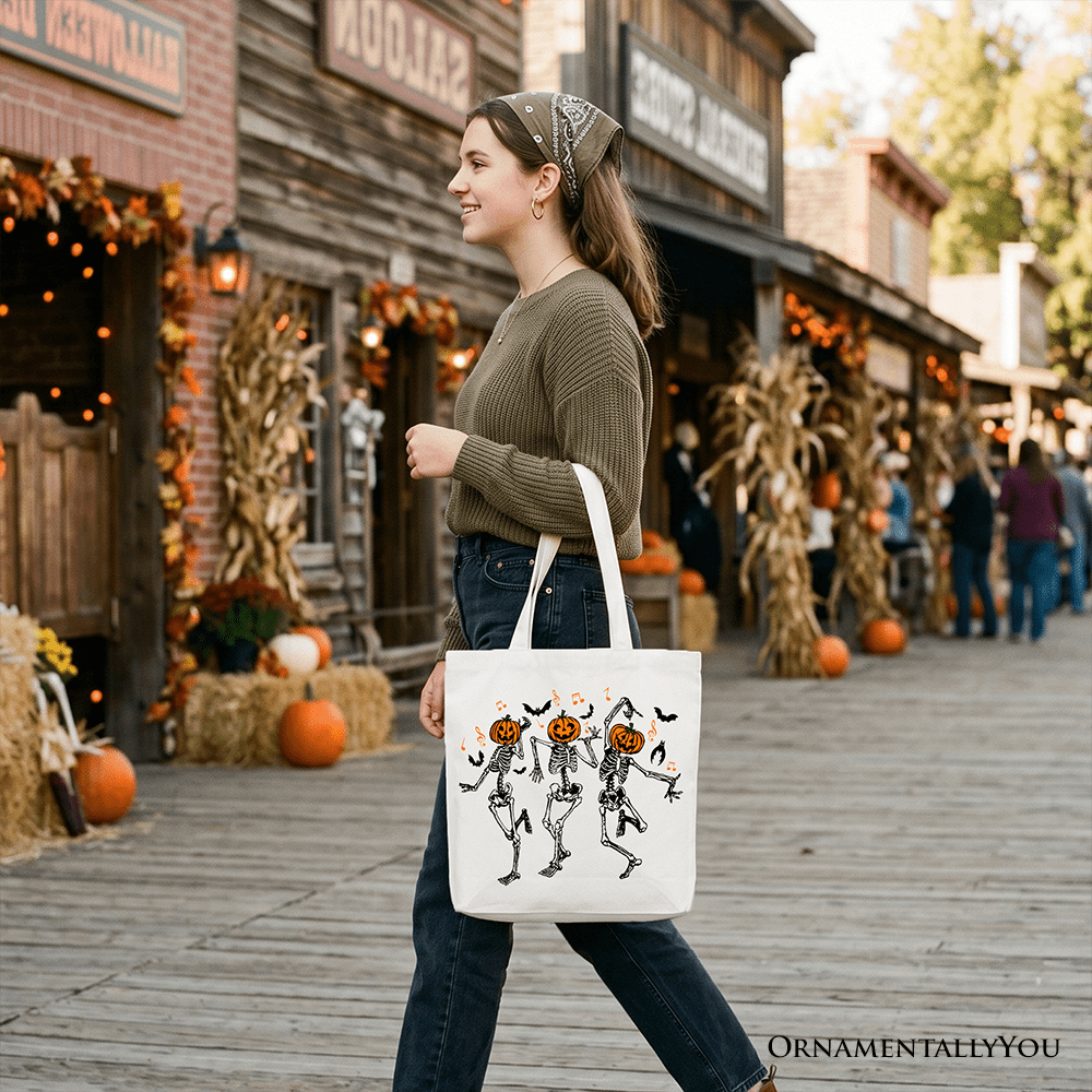 Dancing Skeletons with Pumpkin Head Tote Bag, Dry Bones Come Alive Halloween Fun Gift Shopper