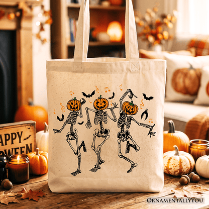 Dancing Skeletons with Pumpkin Head Tote Bag, Dry Bones Come Alive Halloween Fun Gift Shopper