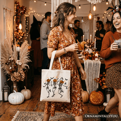 Dancing Skeletons with Pumpkin Head Tote Bag, Dry Bones Come Alive Halloween Fun Gift Shopper