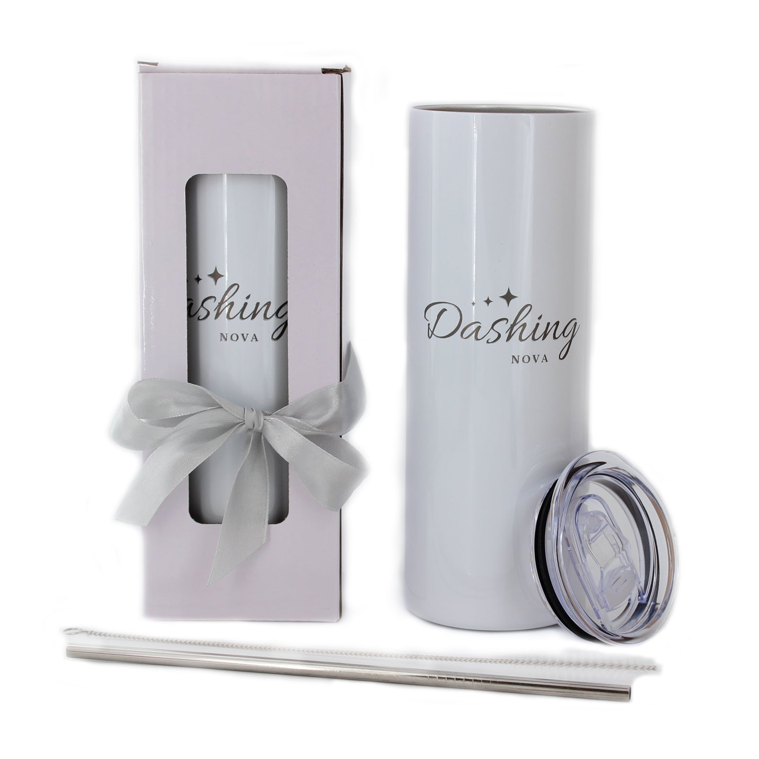 Dashing Nova 20oz Skinny Straight Stainless Steel Double Walled Insulated Tumbler with Straw Clean Brush Gift Box Ribbon