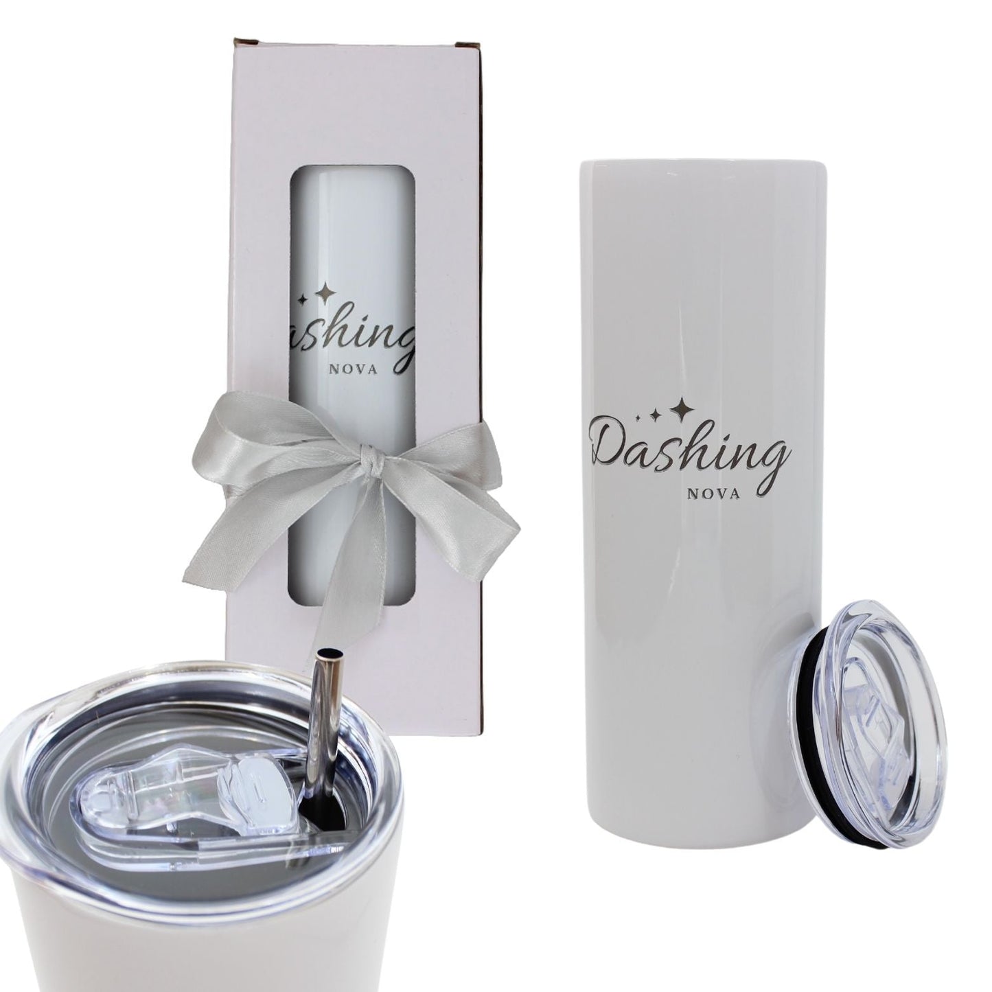 Dashing Nova 20oz Skinny Straight Stainless Steel Double Walled Insulated Tumbler with Straw Clean Brush Gift Box Ribbon