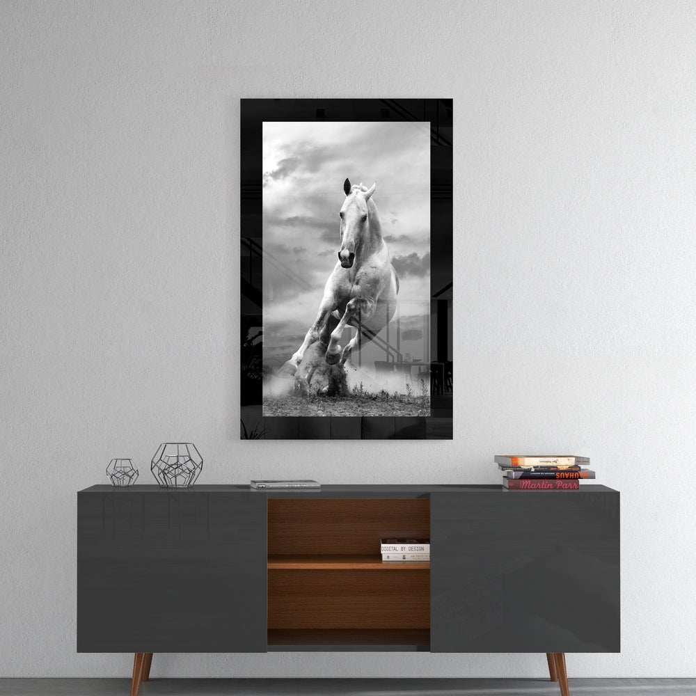 Charging White Horse Photo Glass Wall Art
