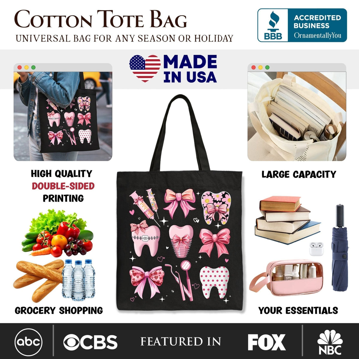 Dental Squad Coquette Canvas Tote Bag, Pink Teeth Dentist Life Bow Gift Shopper