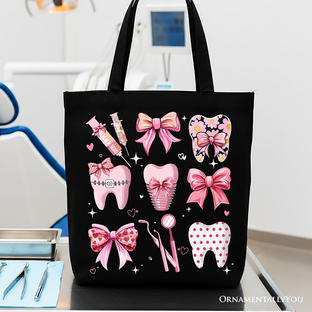 Dental Squad Coquette Canvas Tote Bag, Pink Teeth Dentist Life Bow Gift Shopper