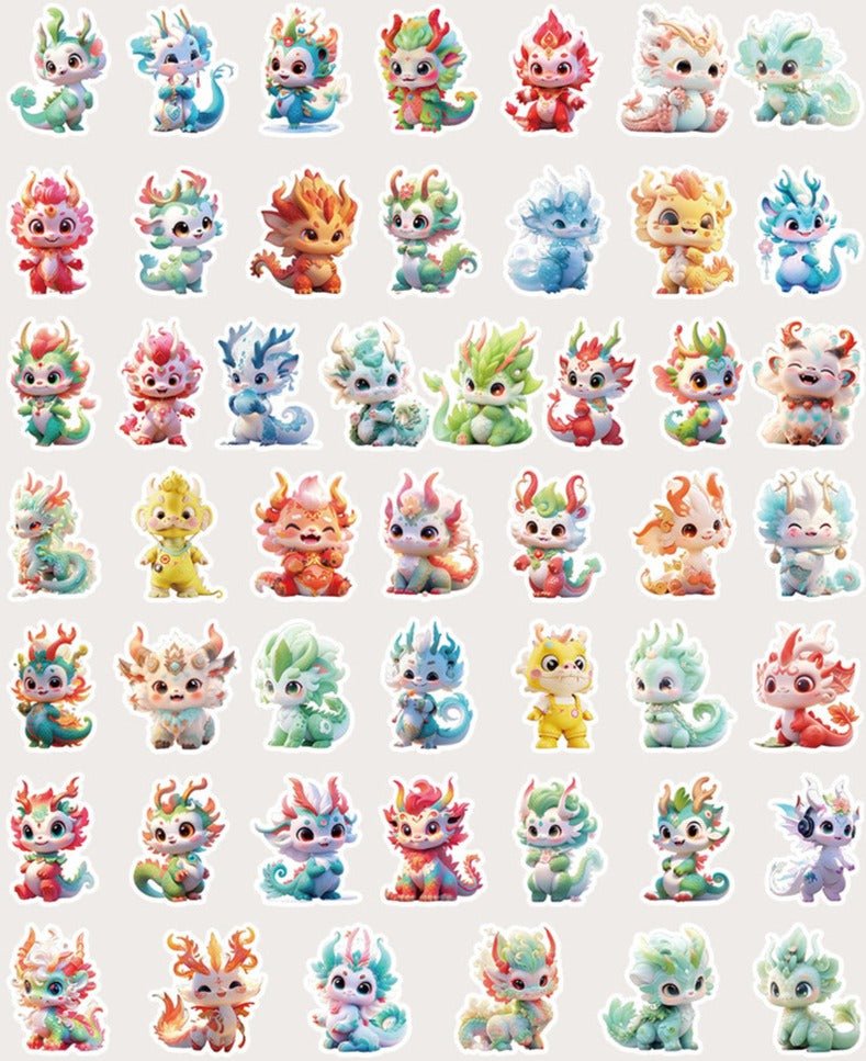 Dragon Stickers - 60 pcs Waterproof Non Fading Cute Cartoon Mythical Dragon Decor