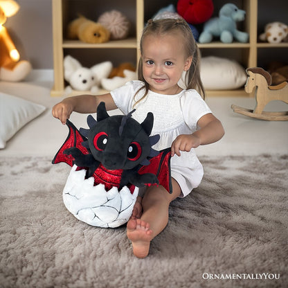 Drogo the Dino in an Egg Plushie, 12" Black and Red Dinosaur Stuffed Animal Gift for Boys and Teens