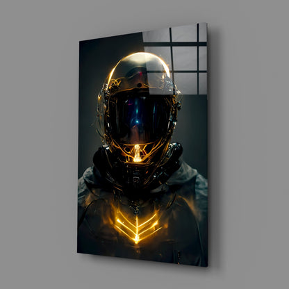 Golden Neon Astronaut Helmet Glass Wall Art