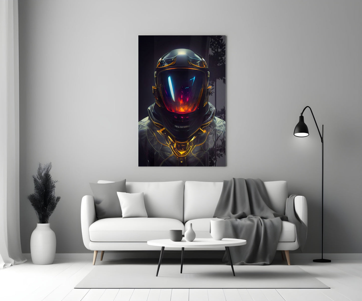 Crimson Visor Glowing Space Helmet Glass Wall Art