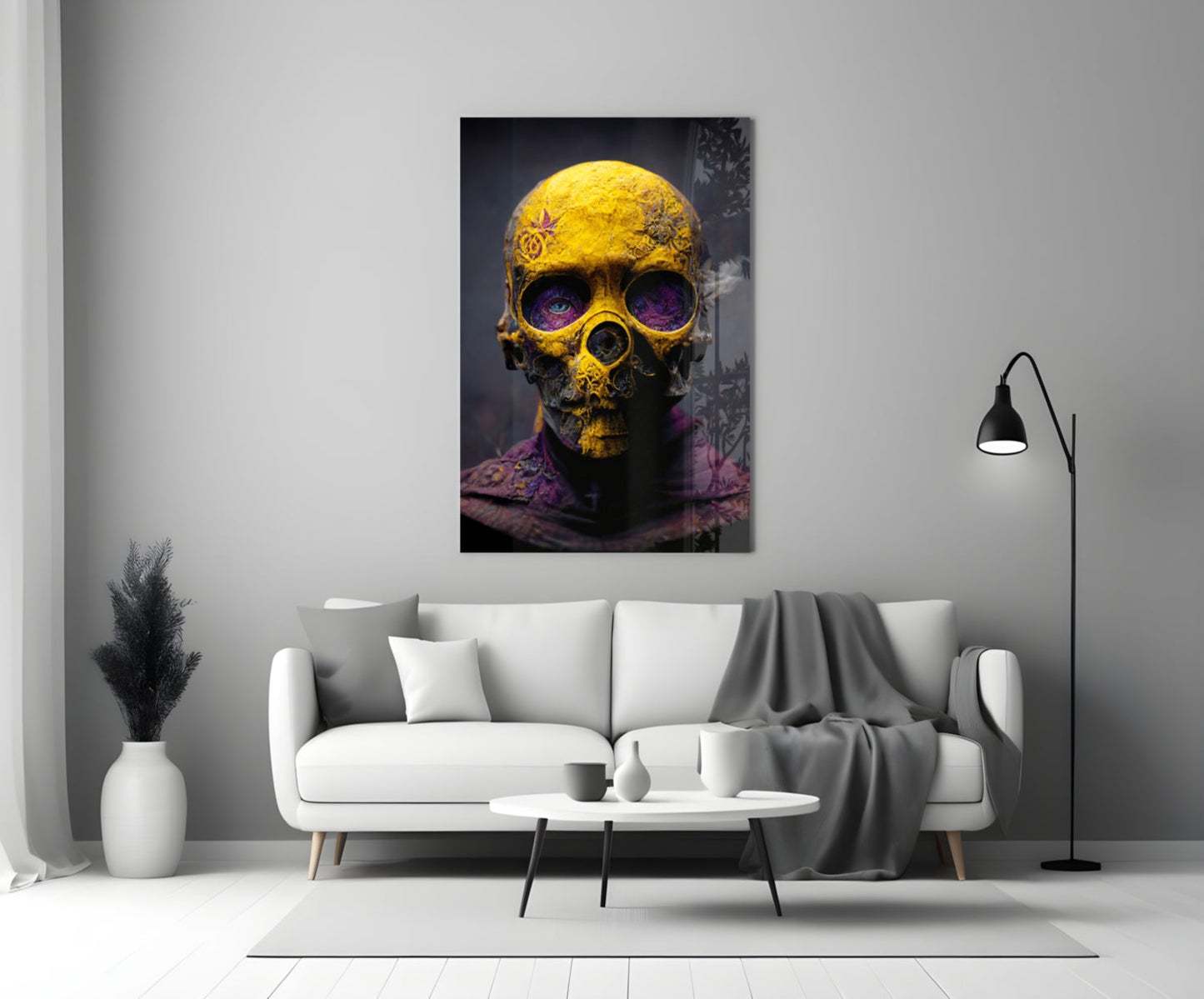 Yellow Skull In Purple Hooded Robe Glass Wall Art