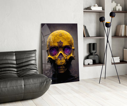Yellow Skull With Purple Eyes Glass Wall Art