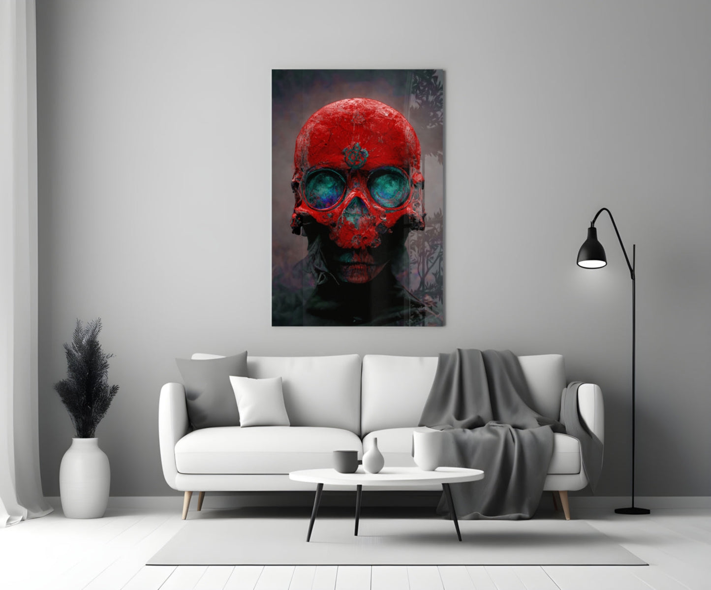 Red Skull With Teal Eye Sockets Glass Wall Art