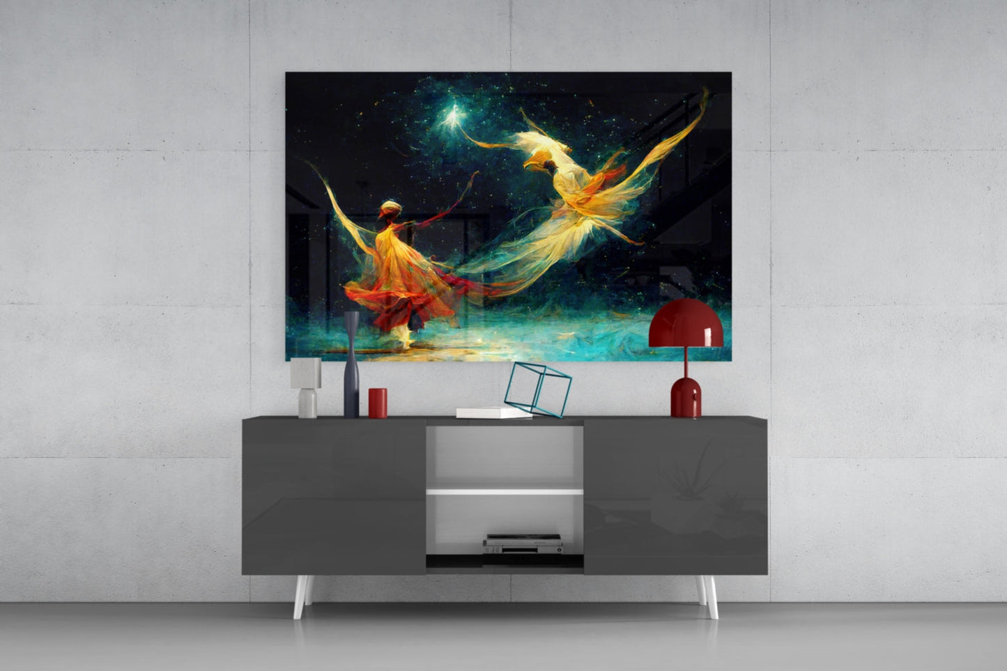 Golden Dancers Cosmic Teal Glass Wall Art