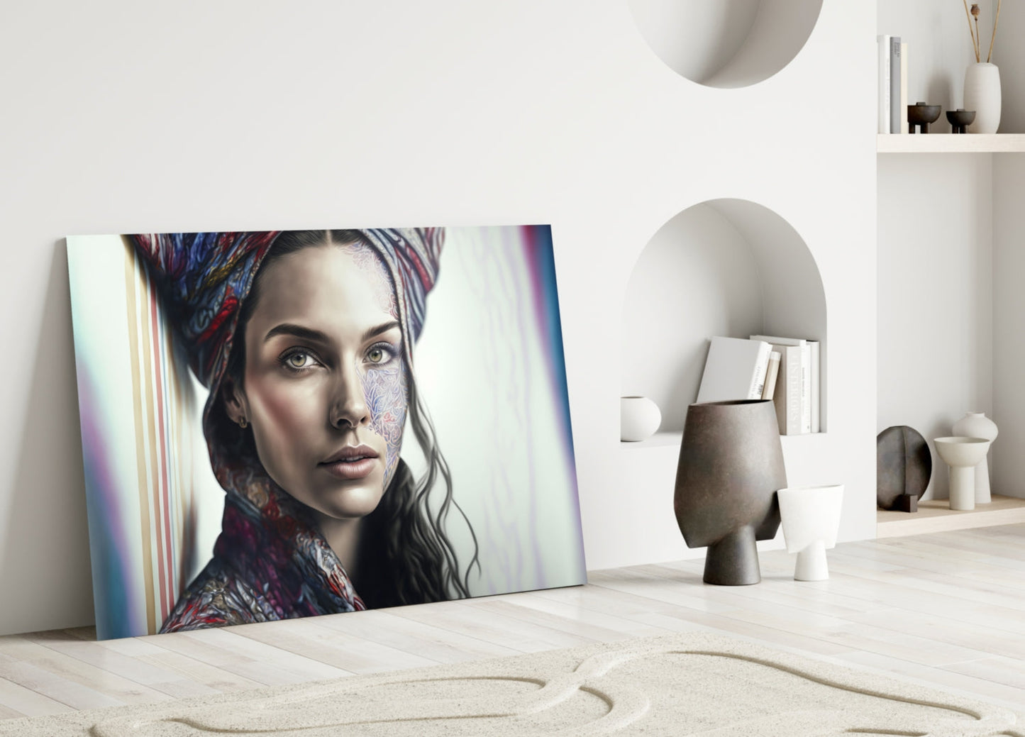Paisley Scarf Woman Floral Face Tattoo Glass Wall Art