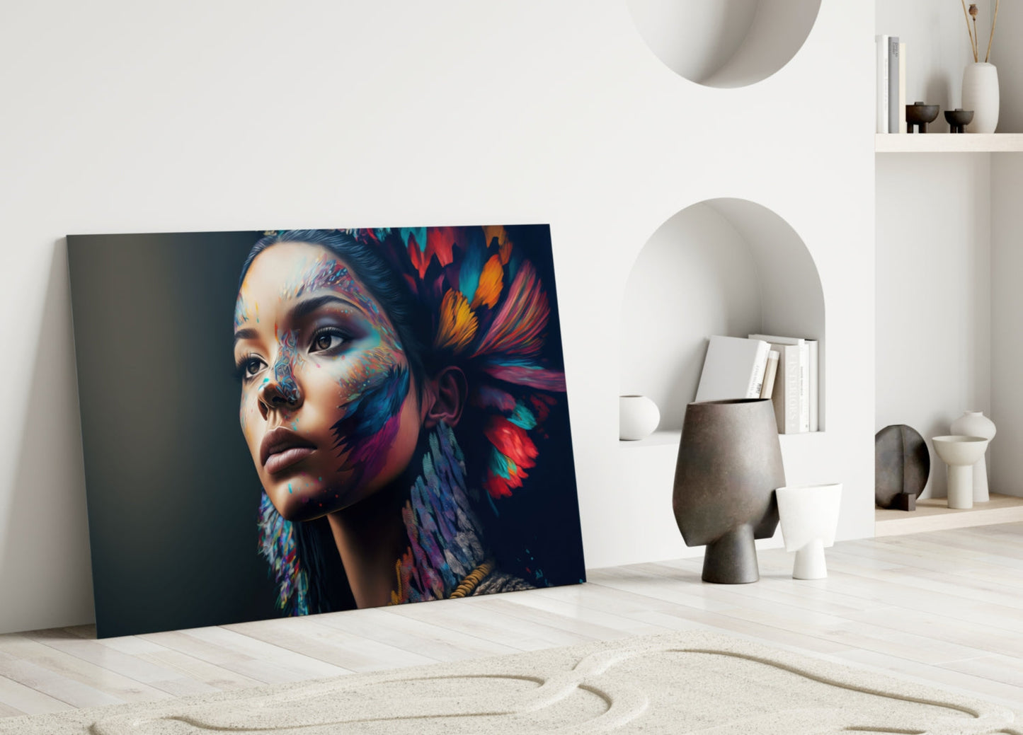 Rainbow Feather Headdress Painted Woman Glass Wall Art