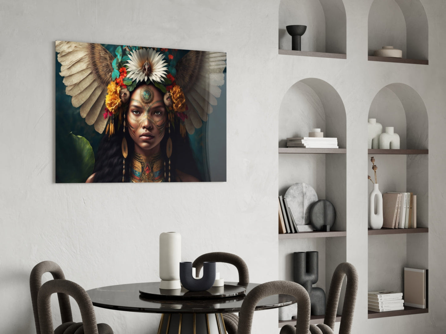 White Wings Daisy Crown Woman Glass Wall Art