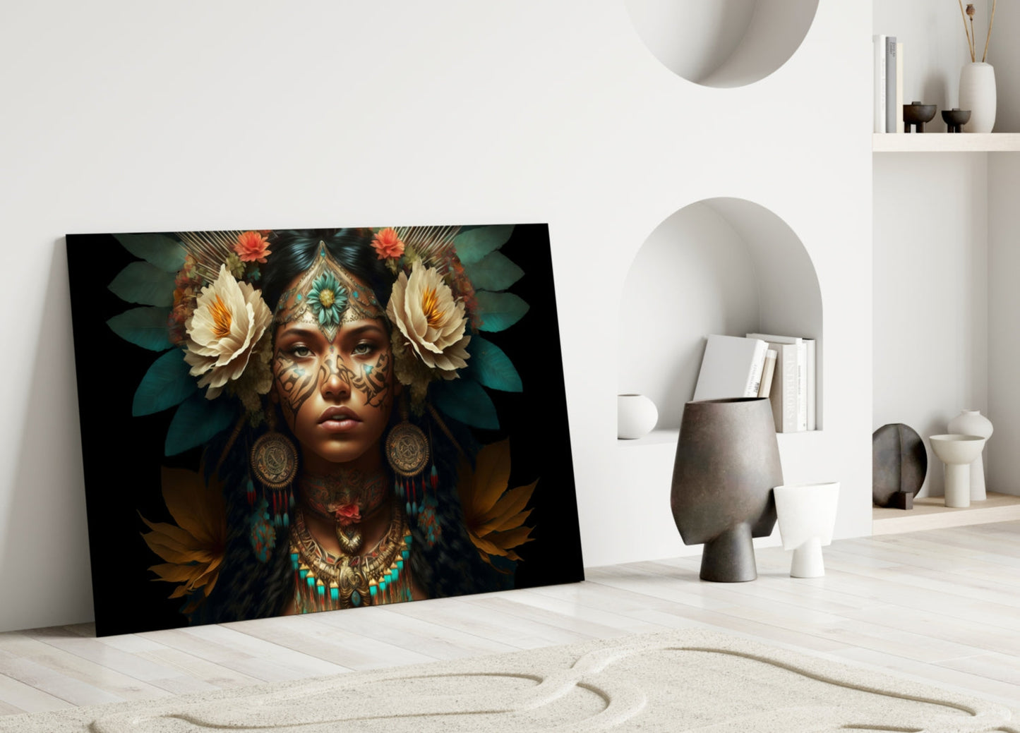 White Roses Gold Teal Headdress Woman Glass Wall Art