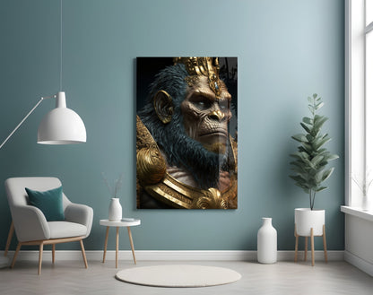 Blue Fur Gorilla in Gold Armor Glass Wall Art