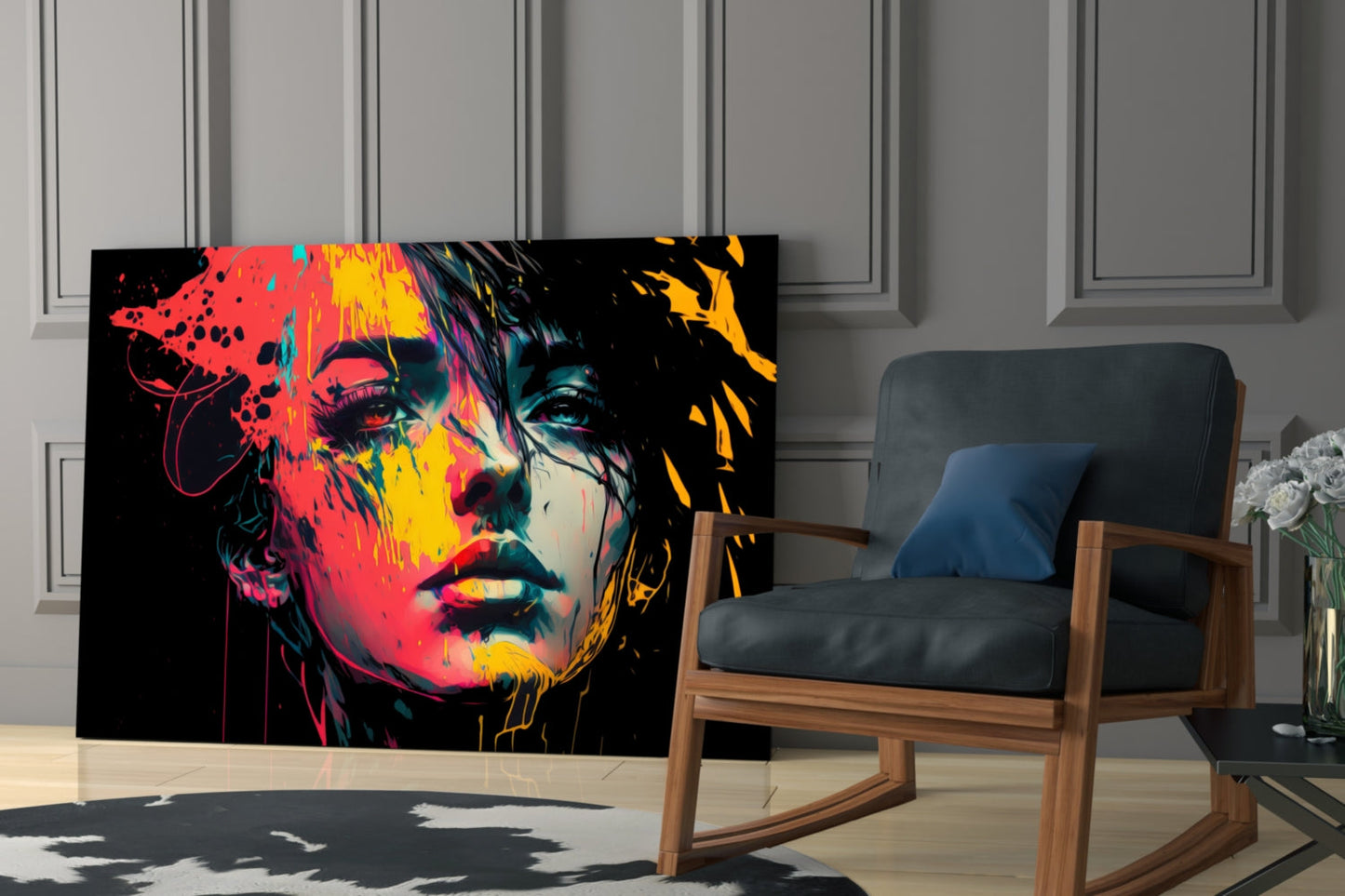 Neon Red Yellow Drip Face on Black Glass Wall Art