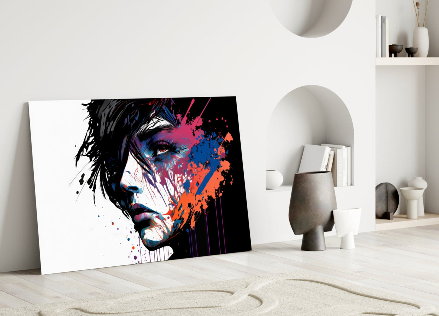 White Backdrop Splatter Woman Profile Glass Wall Art