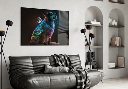 Rainbow Neon Sitting Dog And Moon Glass Wall Art