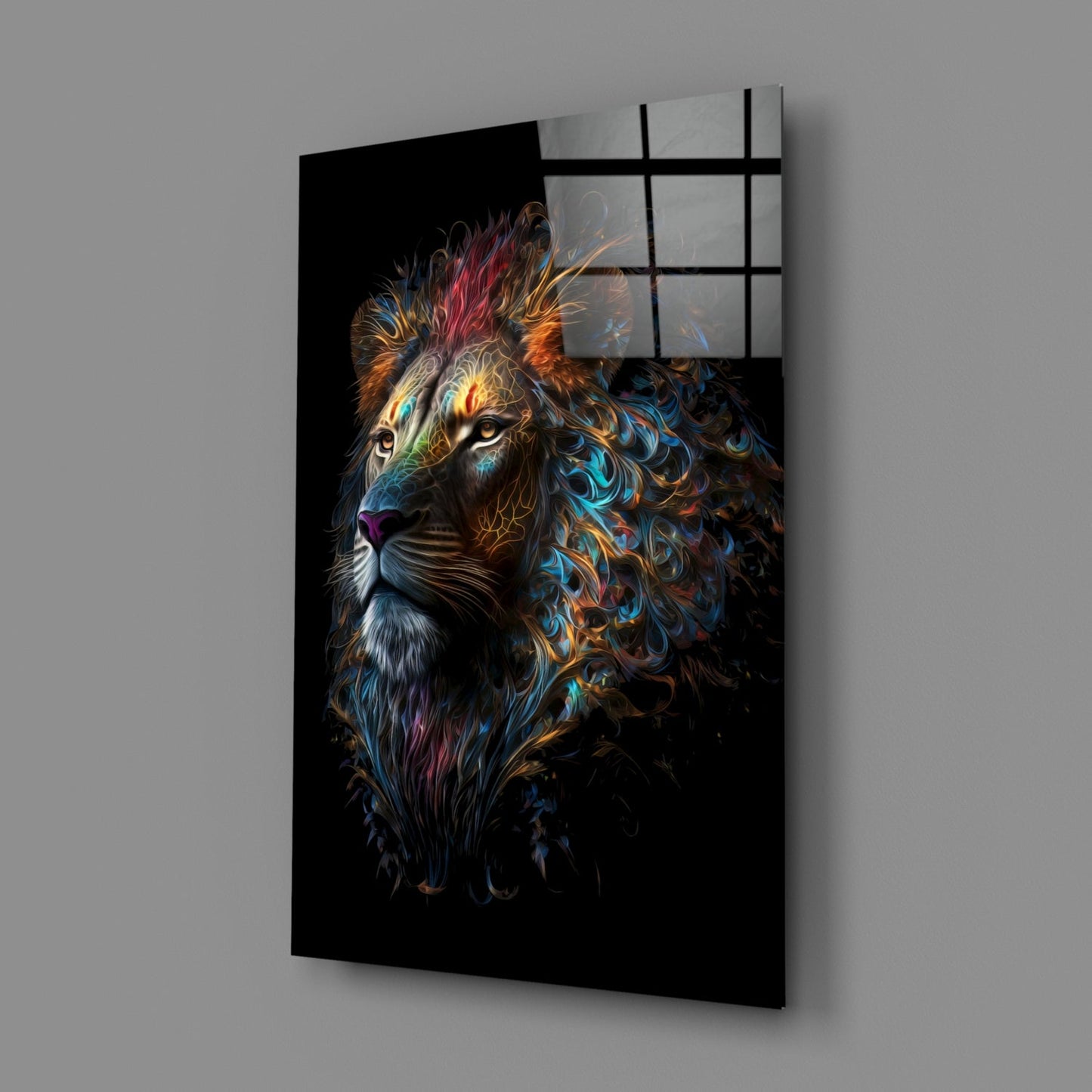Jewel Tone Curly Mane Lion Portrait Glass Wall Art