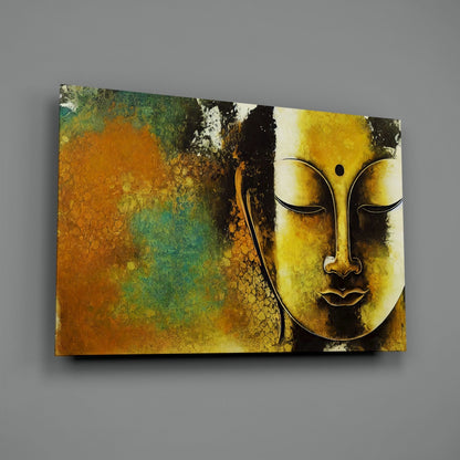 Golden Yellow Serene Buddha Face Glass Wall Art