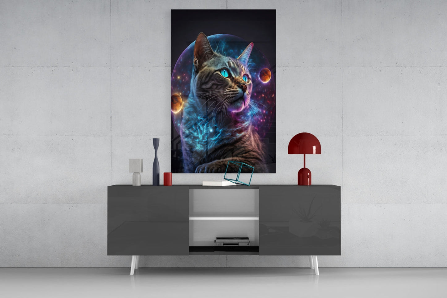 Tabby Cat With Cosmic Planet Orb Glass Wall Art