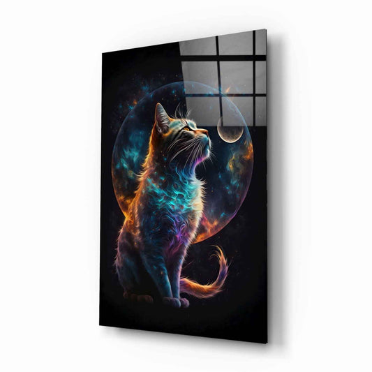 Nebula Fur Cat With Crescent Moon Glass Wall Art