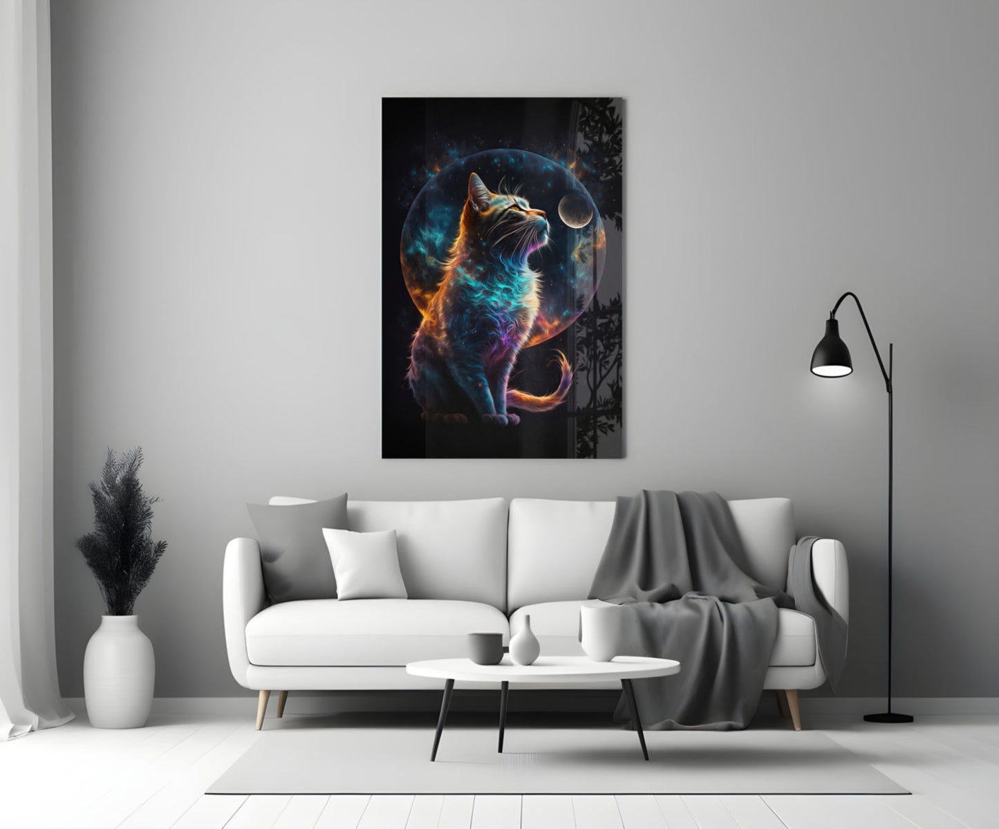 Nebula Fur Cat With Crescent Moon Glass Wall Art