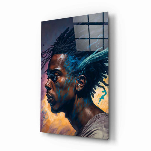 Blue Locs Man Profile On Orange Glass Wall Art