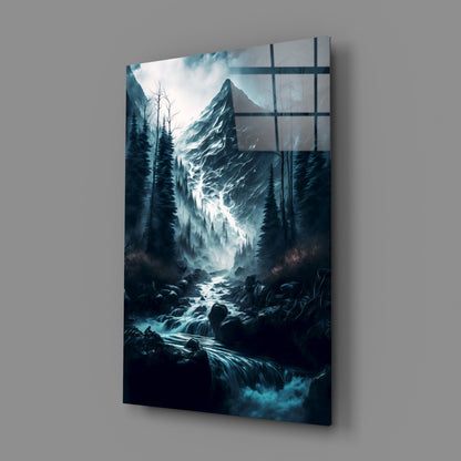 Misty Blue Peak Waterfall Forest Glass Wall Art
