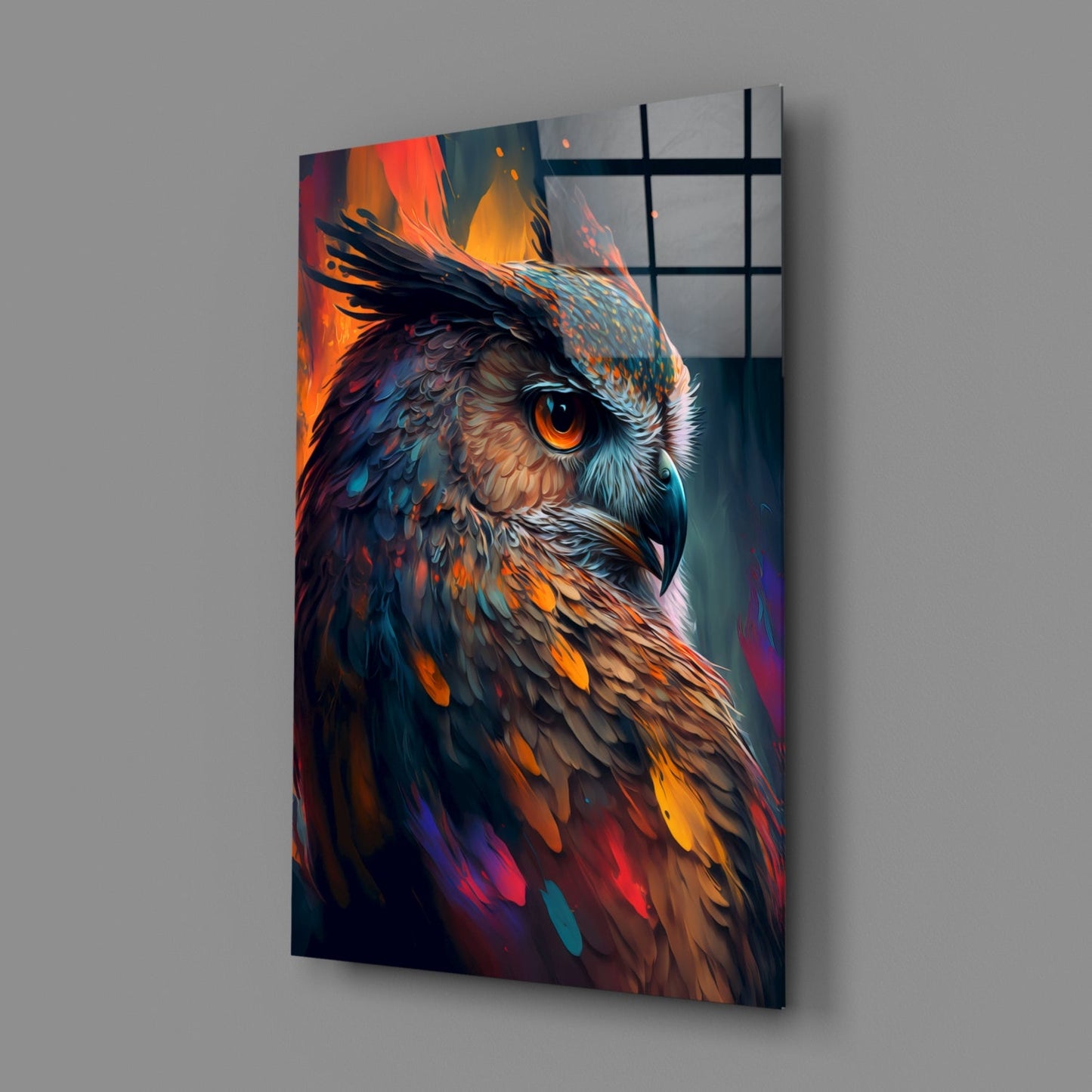 Teal and Orange Owl Side Profile Glass Wall Art
