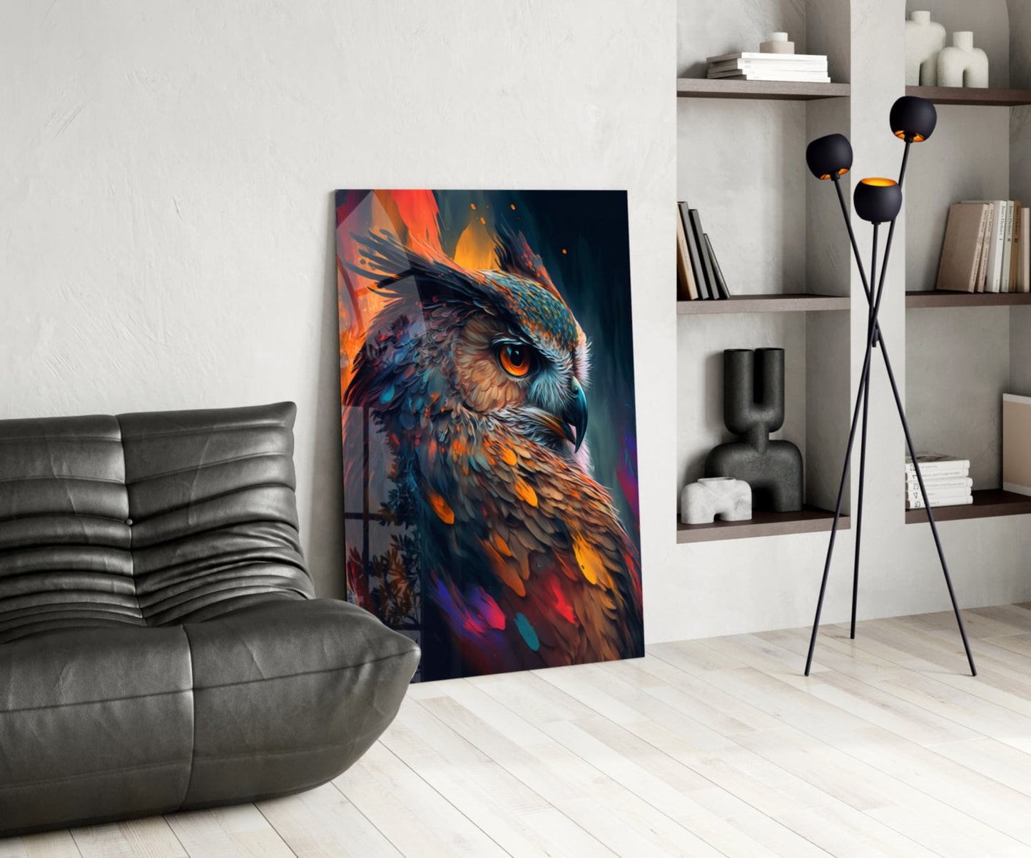 Teal and Orange Owl Side Profile Glass Wall Art